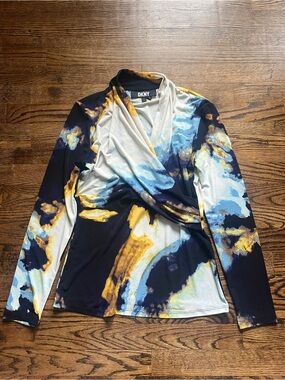 DKNY Yellow, Navy & Light Blue Abstract Print Top